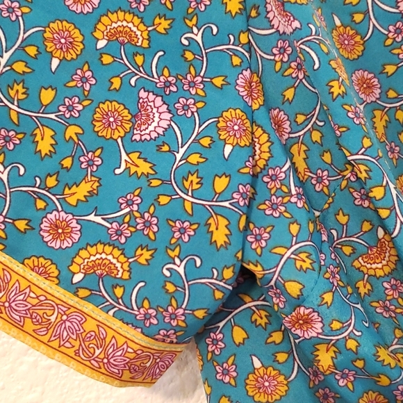 Boho Green Orange Yellow Floral Drawstring Waist Buttonfront Dress - Picture 4 of 6